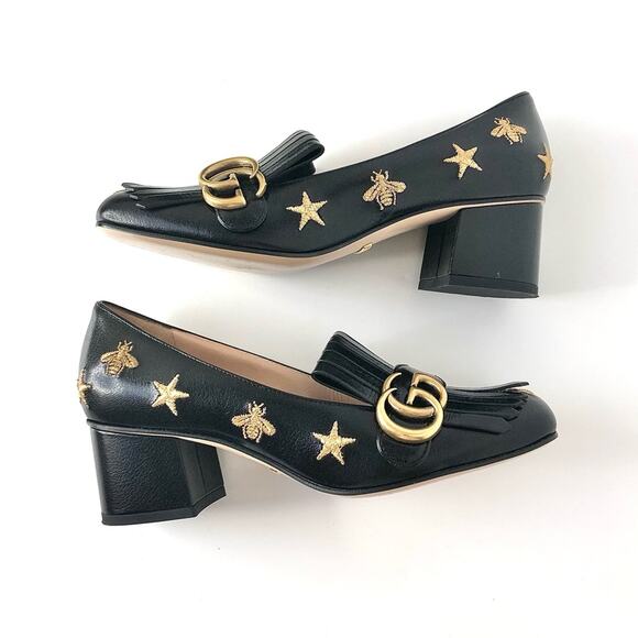 Gucci GG Marmont Fringe Quentin Bee Embroidered Platform Heeled Loafers Pumps 37 - Picture 4 of 9